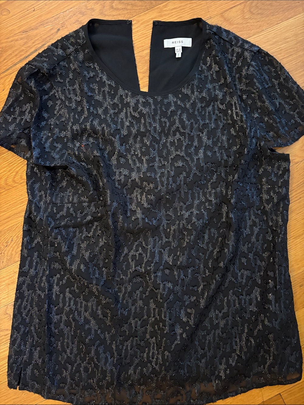 Reiss Black Short-Sleeve Sequin Overlay Top